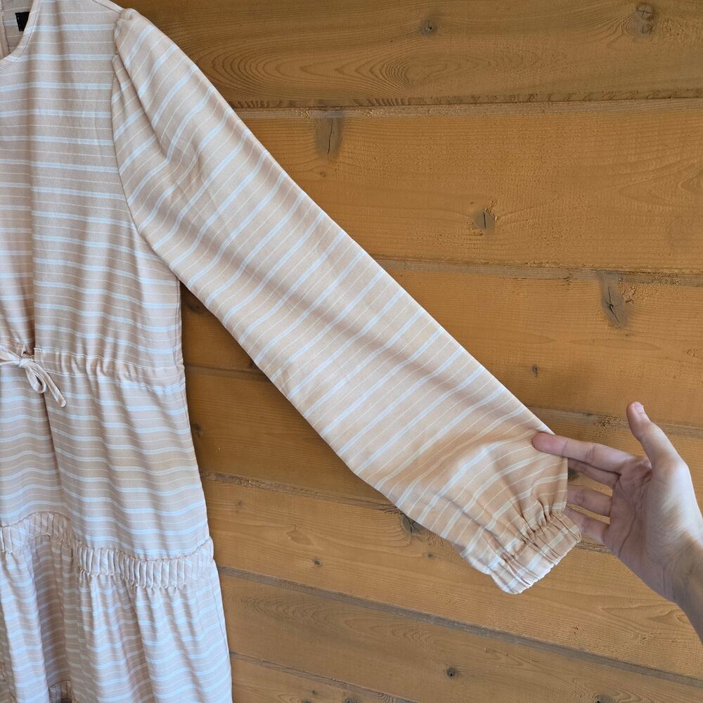 Hijab House Dress Modest Striped Day Beige White 6 Maxi Tier Long Sleeve Neutral - Picture 5 of 6